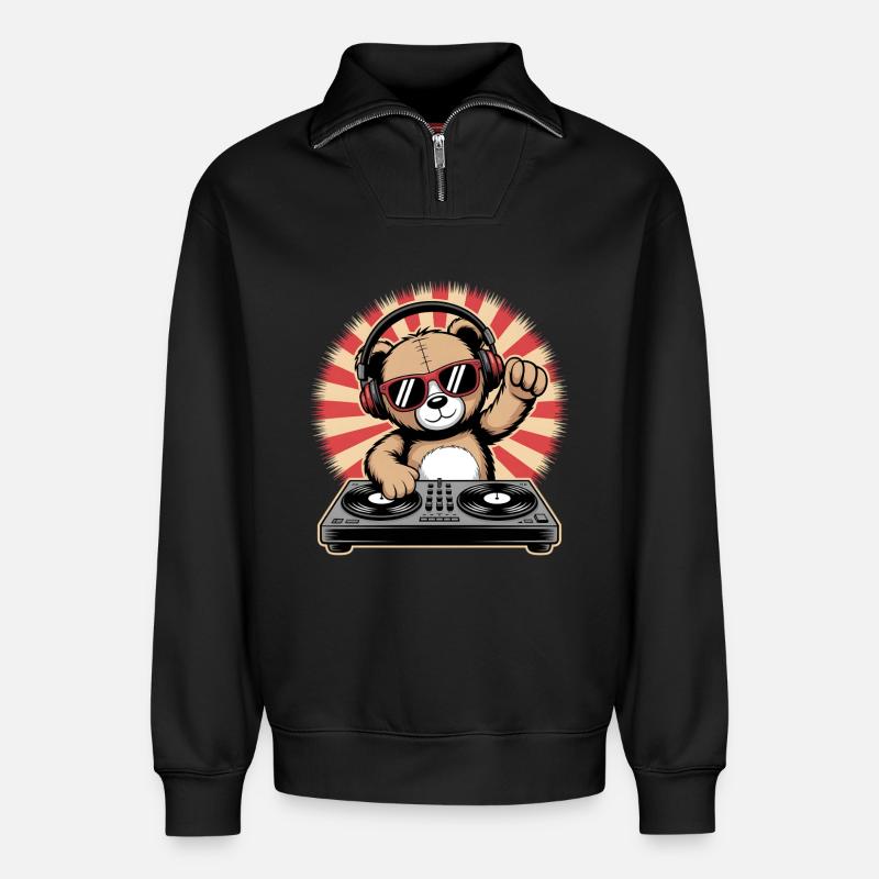 DJ Bär mit Kopfhörern - Relaxed Unisex Organic Half Zip Sweatshirt – von SPREAD - Schwarz