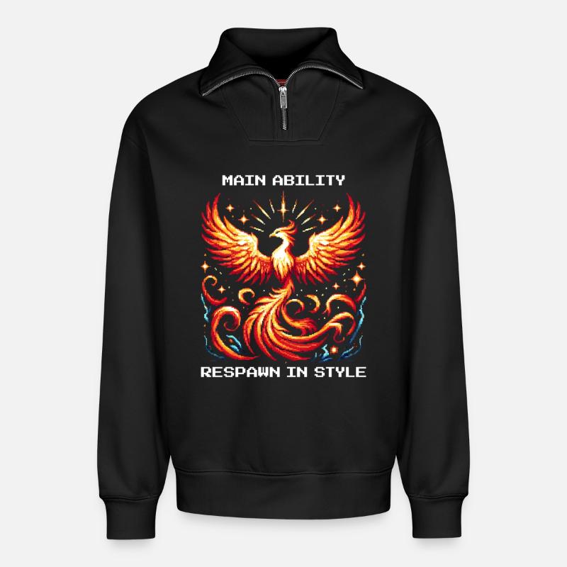 Hauptfähigkeit: Respawn mit Stil | Phönix - Relaxed Unisex Organic Half Zip Sweatshirt – von SPREAD - Schwarz