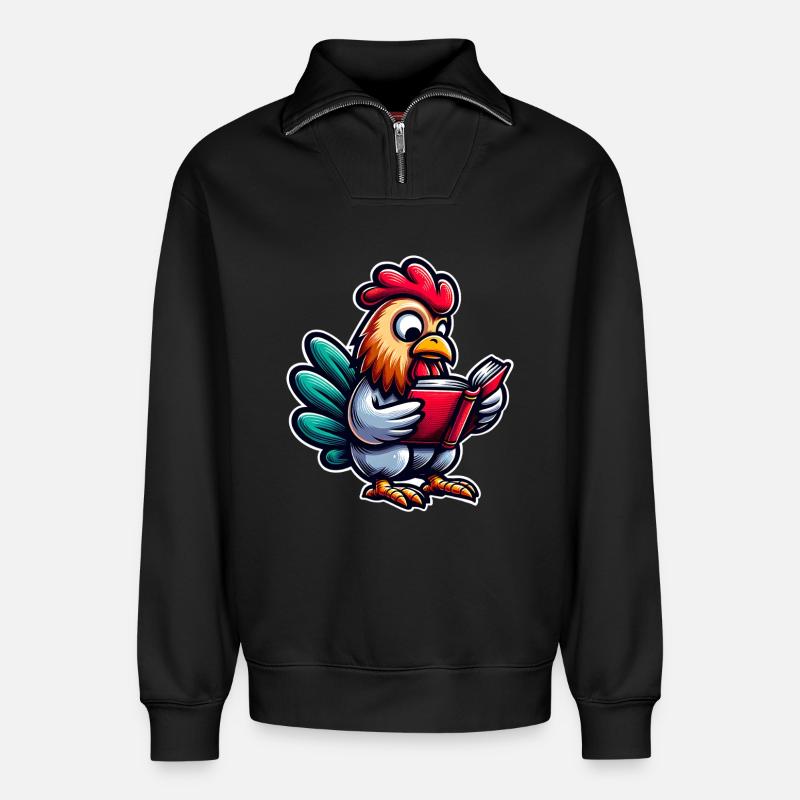 Lesender Hahn im Comicstil - Relaxed Unisex Organic Half Zip Sweatshirt – von SPREAD - Schwarz