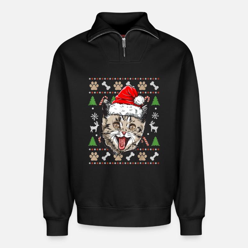 Hässlicher Weihnachtspullover Niedliche Katze Glückliche Geschenkidee - Relaxed Unisex Organic Half Zip Sweatshirt – von SPREAD - Schwarz