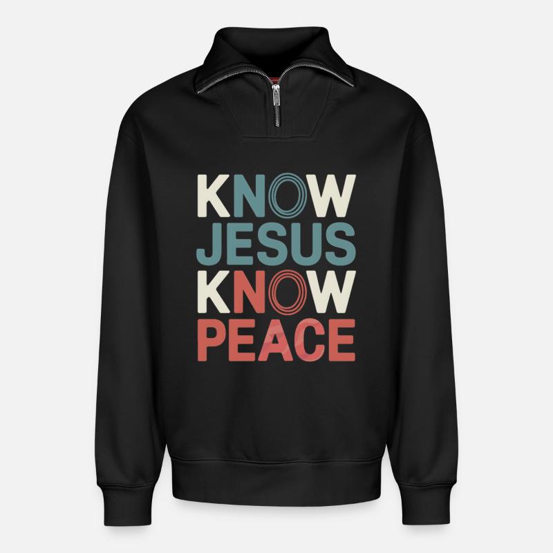 Know Jesus Know Peace - Relaxed Unisex Organic Half Zip Sweatshirt – von SPREAD - Schwarz