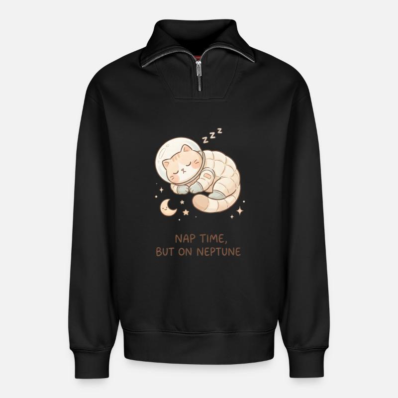 Nickerchen Neptun | Süße Space Katze - Relaxed Unisex Organic Half Zip Sweatshirt – von SPREAD - Schwarz