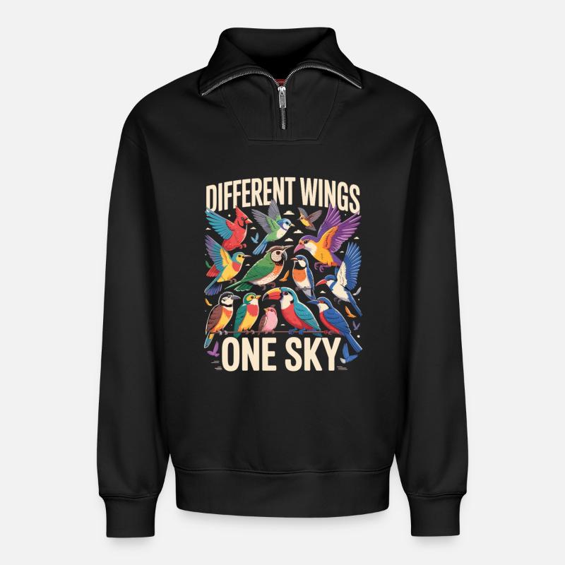 Different Wings One Sky Bird - Relaxed Unisex Organic Half Zip Sweatshirt – by SPREAD - black