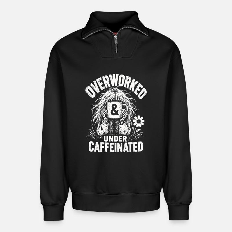 Kaffee Overworked Under Caffeinated Shirt - Relaxed Unisex Organic Half Zip Sweatshirt – von SPREAD - Schwarz