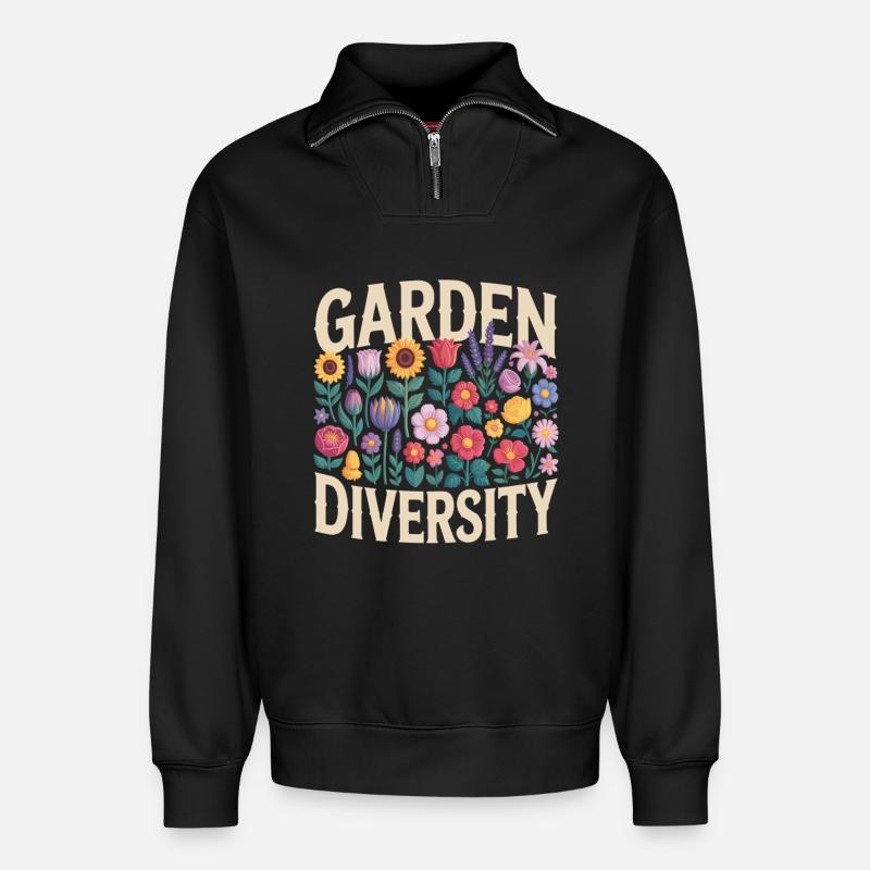 Garden Diversity Blumen Garten - Relaxed Unisex Organic Half Zip Sweatshirt – von SPREAD - Schwarz