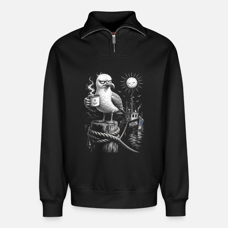 MOIN – Grummeliges Möwe mit Kaffee - Relaxed Unisex Organic Half Zip Sweatshirt – von SPREAD - Schwarz