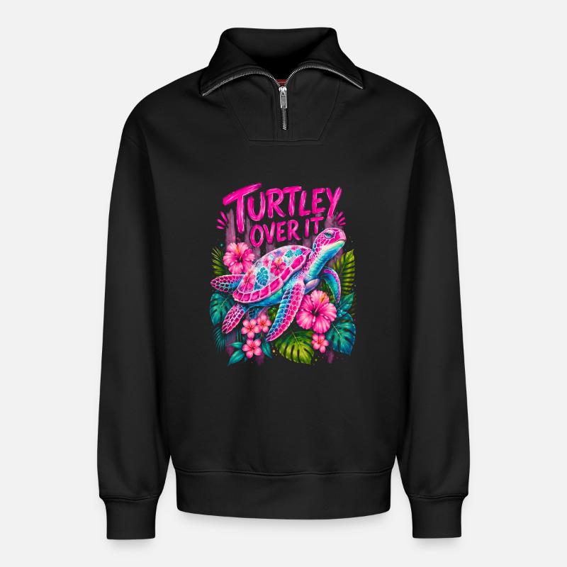 Turtley Over It Cute Turtle Flower - Relaxed Unisex Organic Half Zip Sweatshirt – von SPREAD - Schwarz
