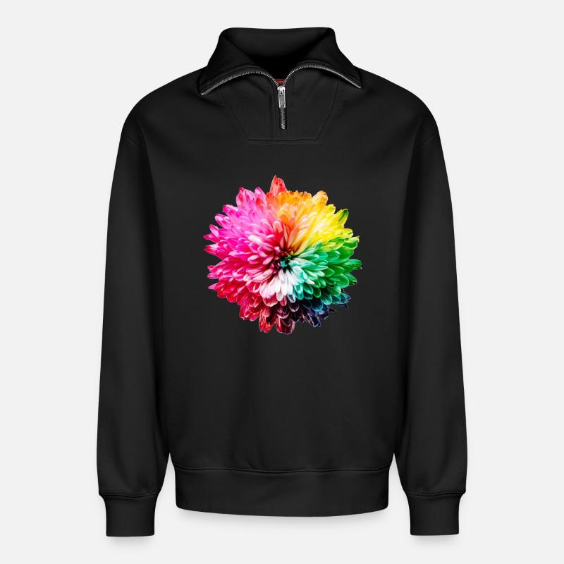 Chrysantheme Regenbogen - Relaxed Unisex Organic Half Zip Sweatshirt – von SPREAD - Schwarz