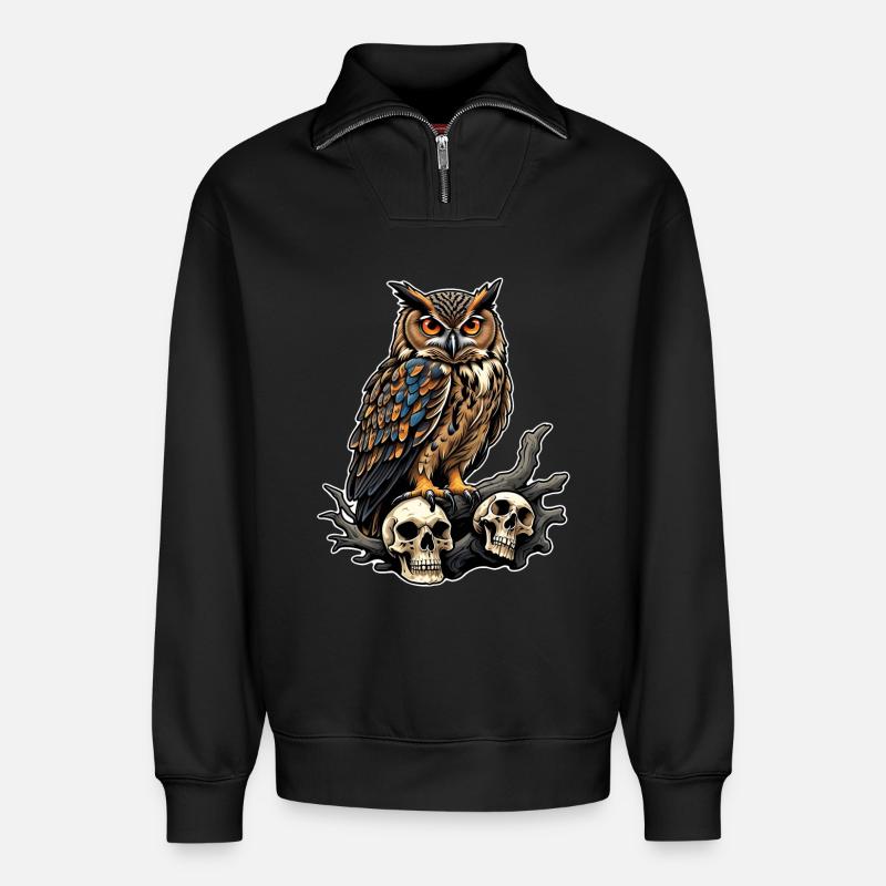 Eule sitzt auf Skulls - Relaxed Unisex Organic Half Zip Sweatshirt – von SPREAD - Schwarz