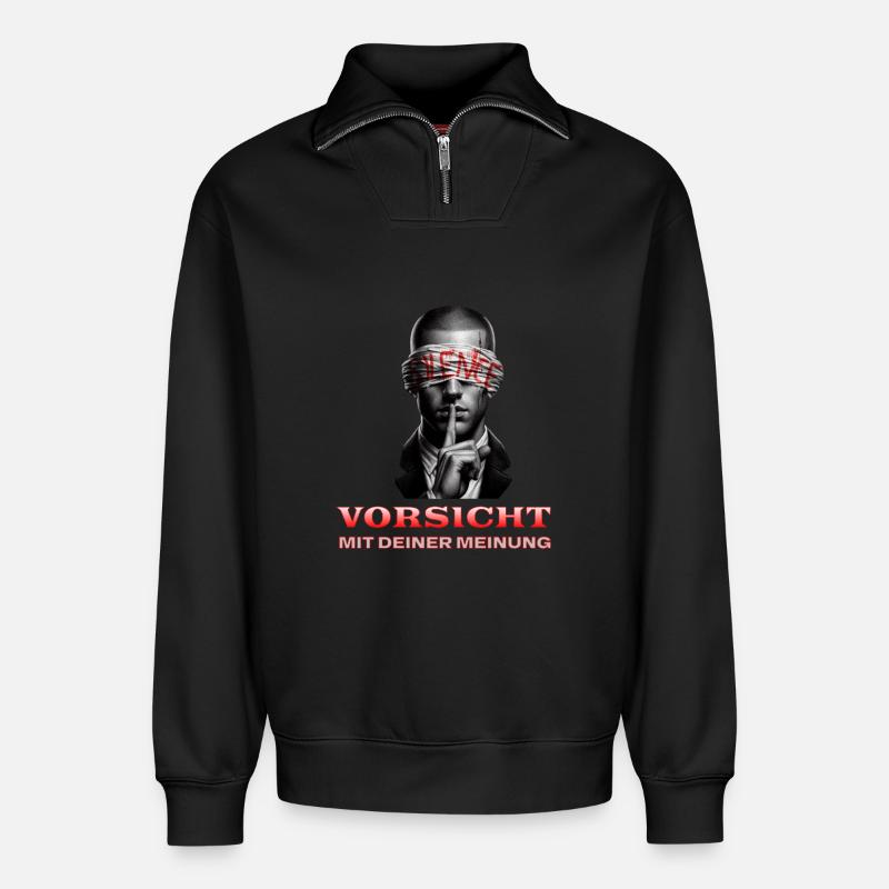 Beware, Subtle Message with a Blindfold - Relaxed Unisex Organic Half Zip Sweatshirt – by SPREAD - black