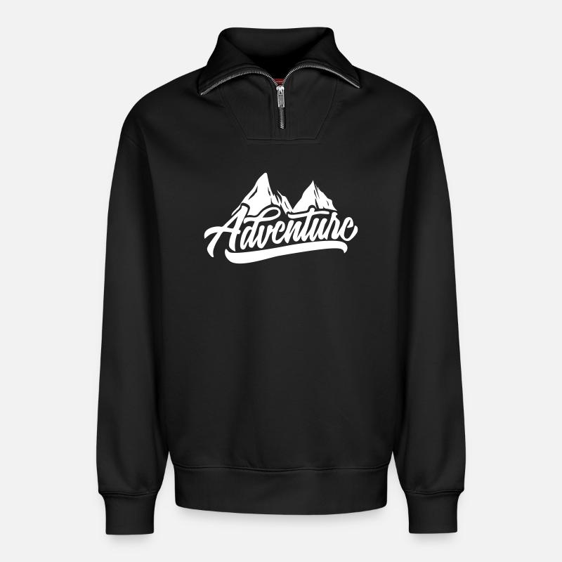 Bergabenteuer Script: Gipfelmotiv - Relaxed Unisex Organic Half Zip Sweatshirt – von SPREAD - Schwarz