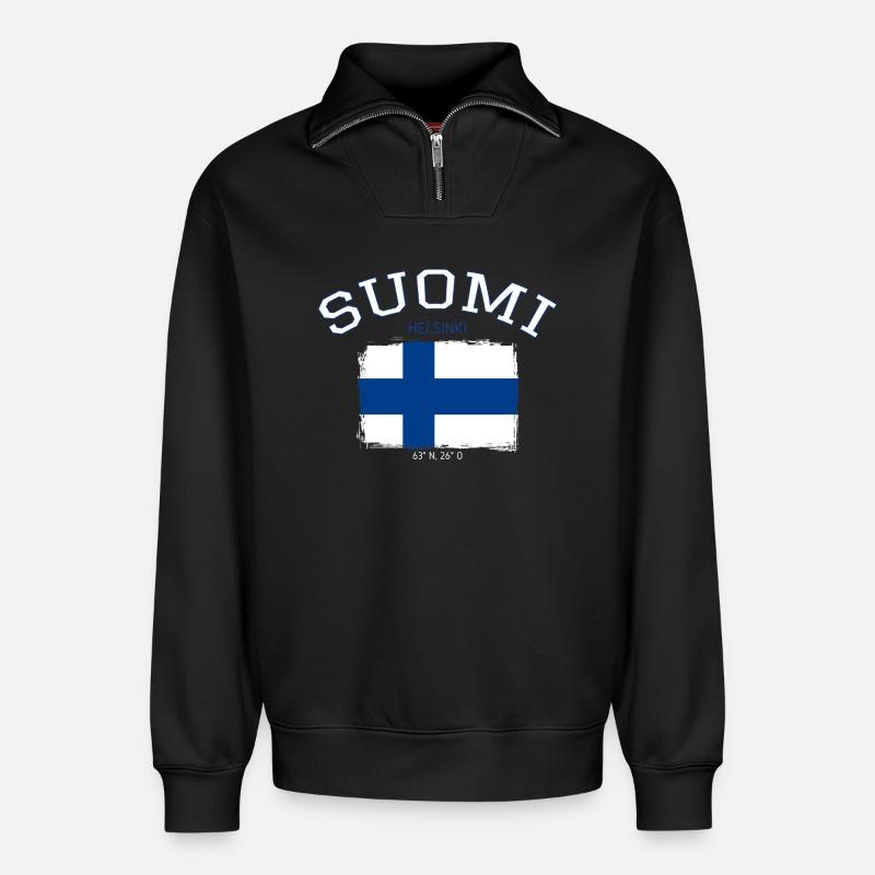 Finland flag with Helsinki reference - Relaxed Unisex Organic Half Zip Sweatshirt – by SPREAD - black