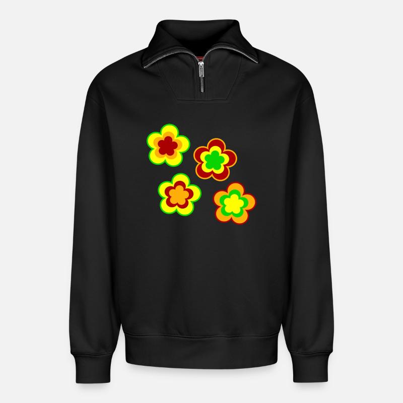 70s Flower Pattern - Relaxed Unisex Organic Half Zip Sweatshirt – by SPREAD - black