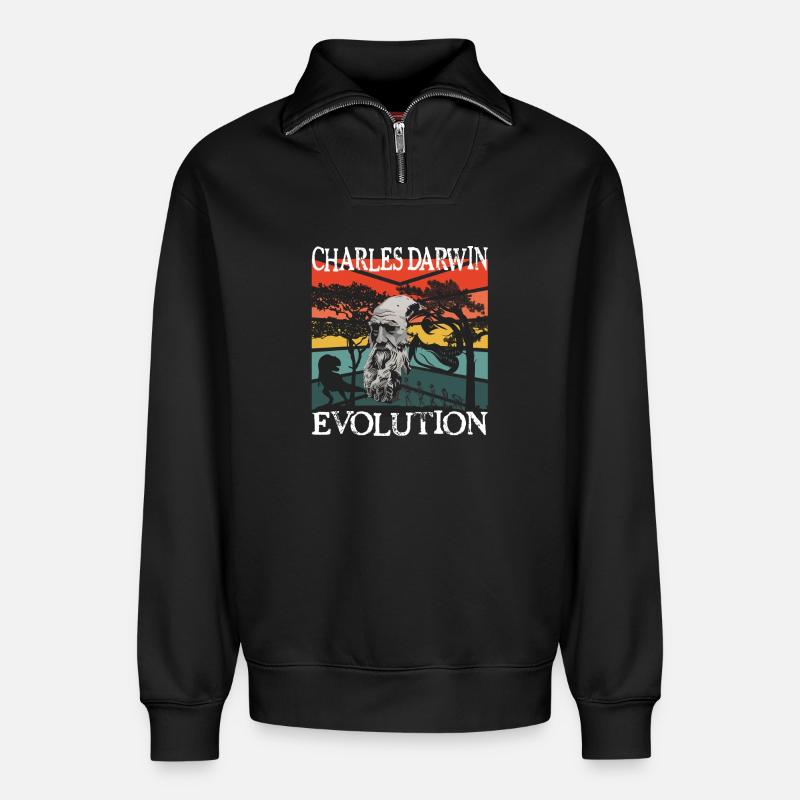 Idée cadeau textile Charles Darwin Evolution - Sweat unisexe décontracté en coton biologique à demi-zip – de SPREAD - noir