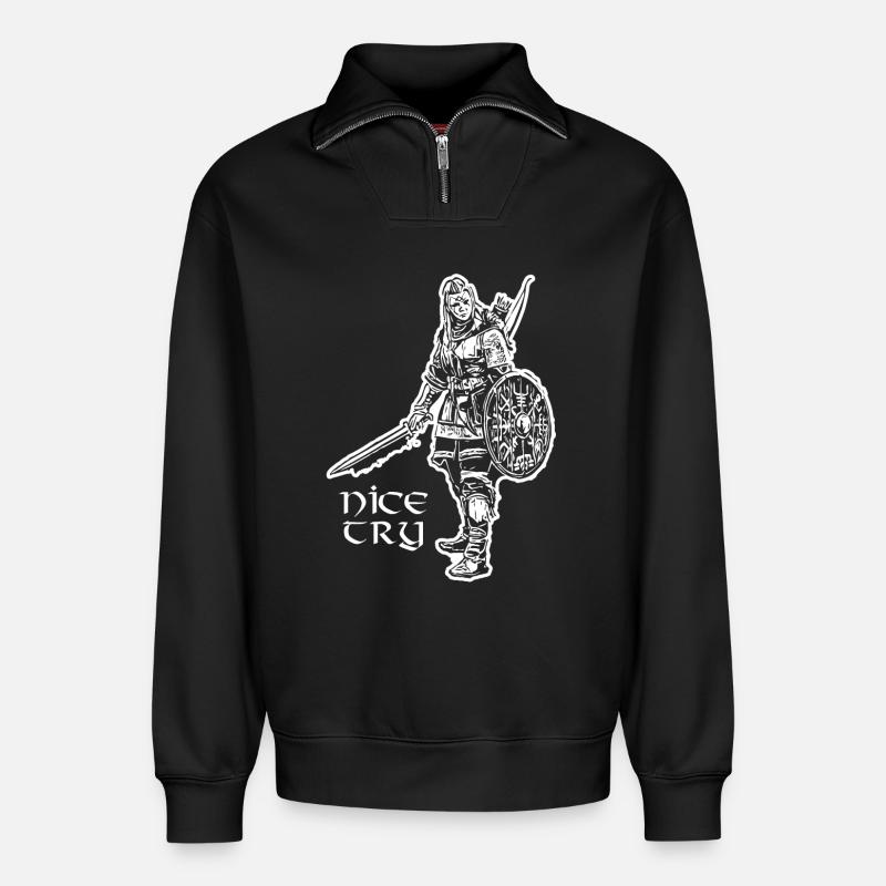 Nice Try Valkyrie - Relaxed Unisex Organic Half Zip Sweatshirt – von SPREAD - Schwarz