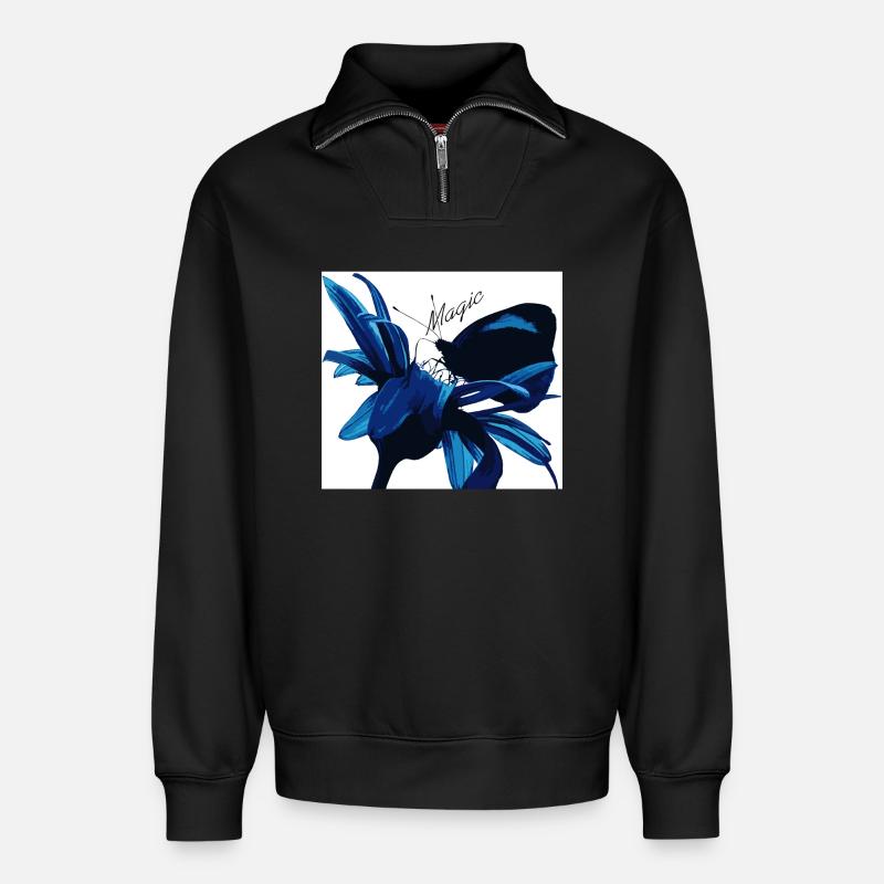 Blaues Blütenzauber mit Magic - Relaxed Unisex Organic Half Zip Sweatshirt – von SPREAD - Schwarz