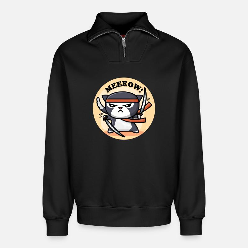 Mignon Chat Ninja - Sweat unisexe décontracté en coton biologique à demi-zip – de SPREAD - noir