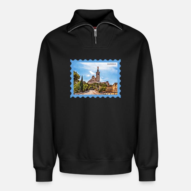 Marseille Basilika Postkarte - Relaxed Unisex Organic Half Zip Sweatshirt – von SPREAD - Schwarz