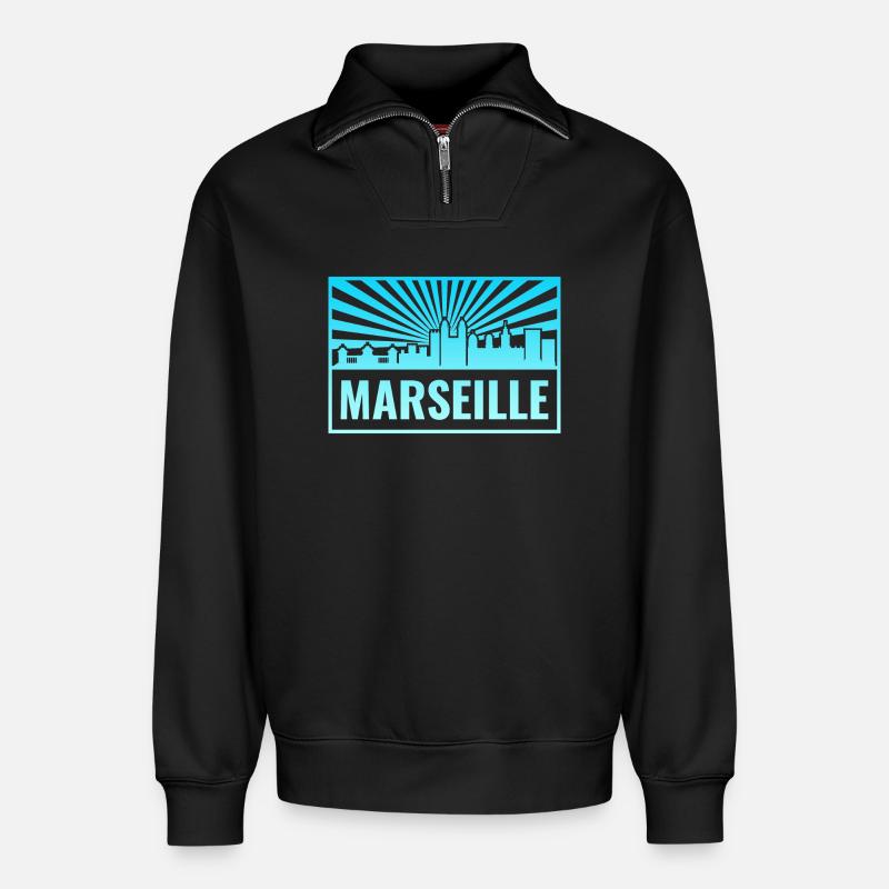Marseille Skyline Sonnenstrahlen - Relaxed Unisex Organic Half Zip Sweatshirt – von SPREAD - Schwarz