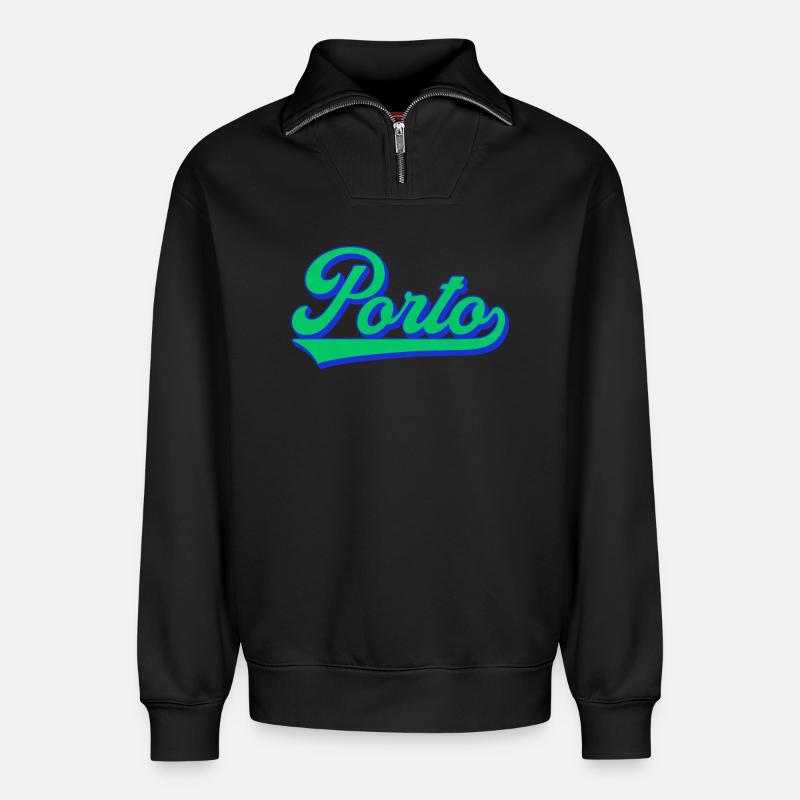 Porto Neon Script Retro - Relaxed Unisex Organic Half Zip Sweatshirt – by SPREAD - black
