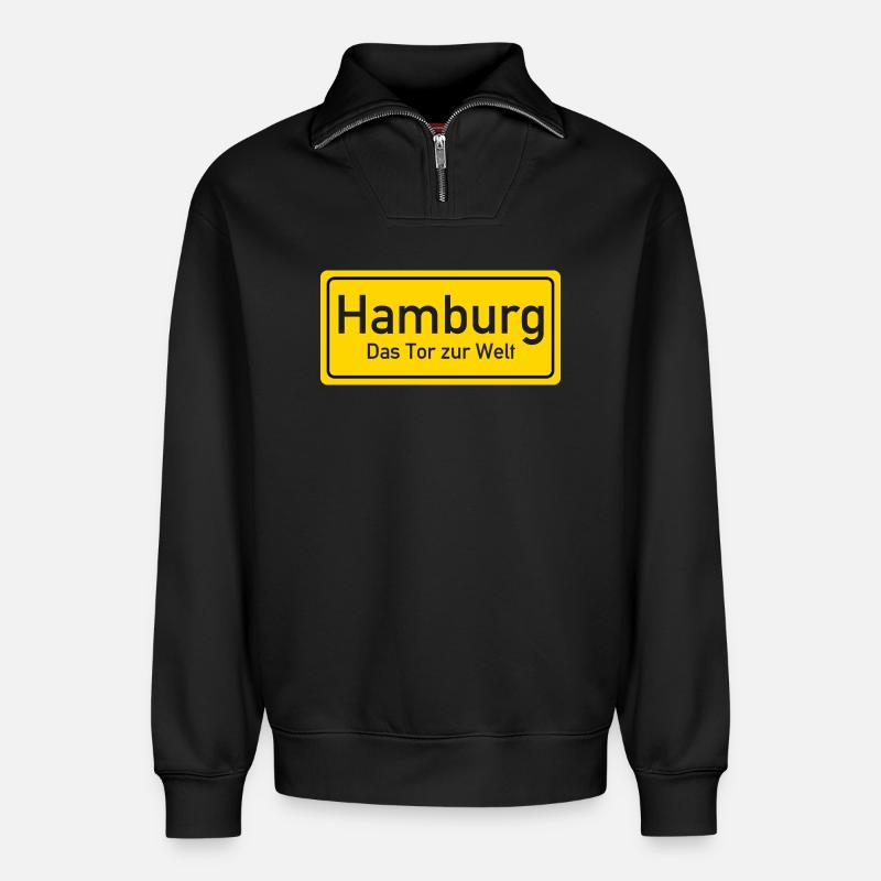 Hamburger Ortsschild Deutschland - Relaxed Unisex Organic Half Zip Sweatshirt – von SPREAD - Schwarz