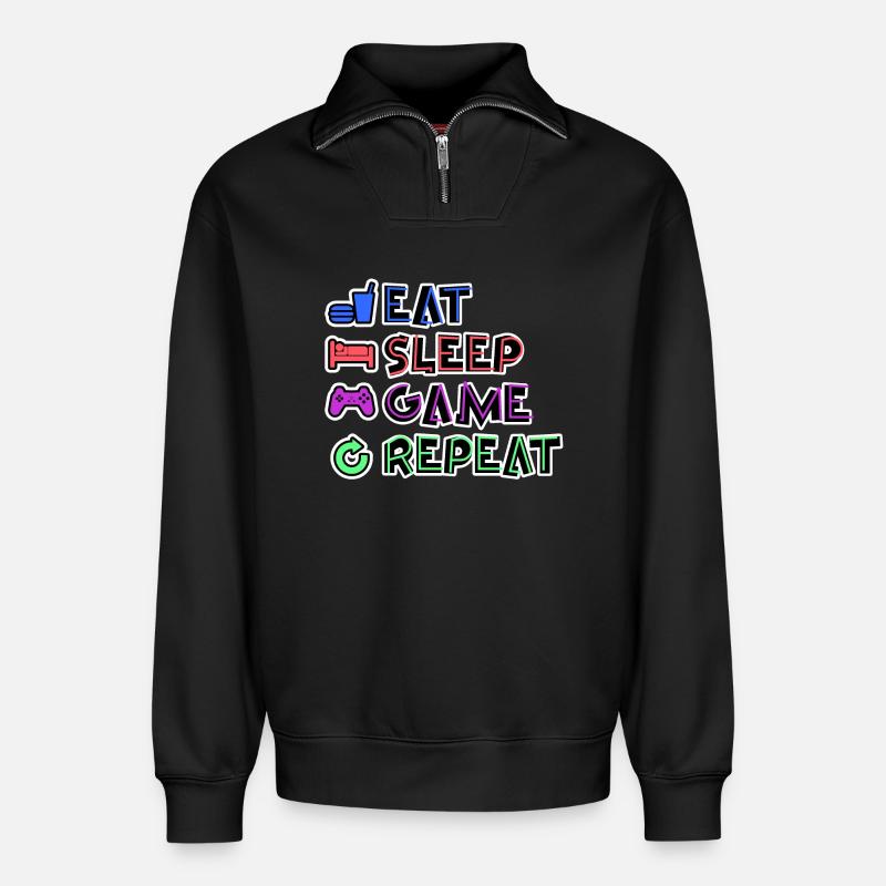 Eat Sleep Game Repeat - Relaxed Unisex Organic Half Zip Sweatshirt – von SPREAD - Schwarz