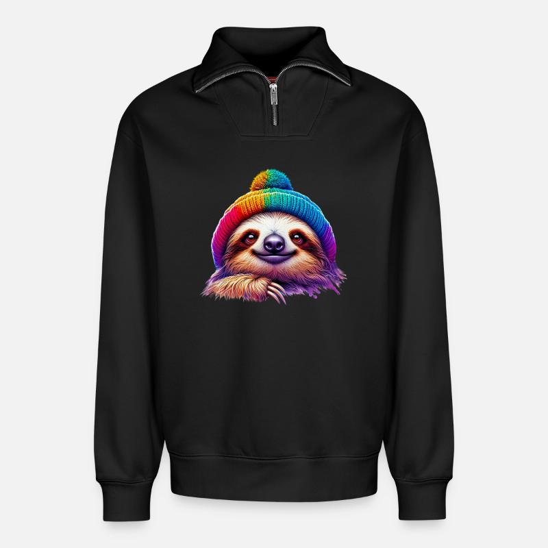 Sloth with wool cap hat - Relaxed Unisex Organic Half Zip Sweatshirt – by SPREAD - black