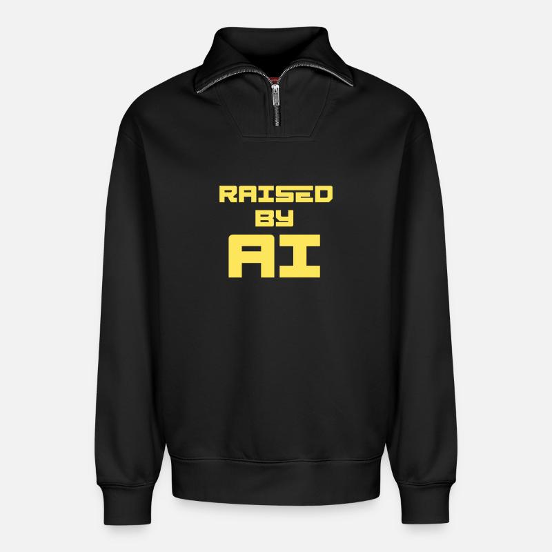 RAISED BY AI - Relaxed Unisex Organic Half Zip Sweatshirt – von SPREAD - Schwarz