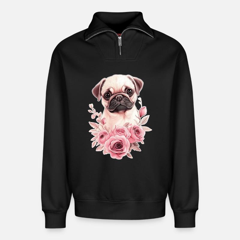 Carlin avec des fleurs - Sweat unisexe décontracté en coton biologique à demi-zip – de SPREAD - noir