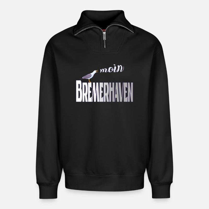 Bremerhaven Möwe & Moin Design - Relaxed Unisex Organic Half Zip Sweatshirt – von SPREAD - Schwarz