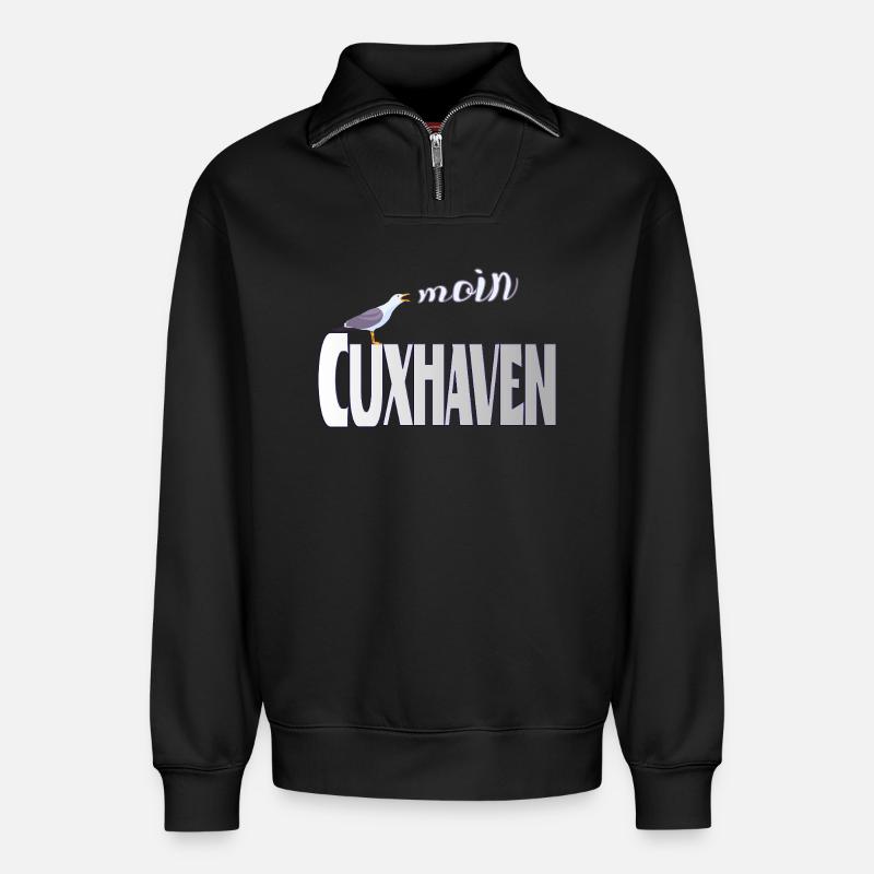 Cuxhaven Möwe & Moin Design - Relaxed Unisex Organic Half Zip Sweatshirt – von SPREAD - Schwarz
