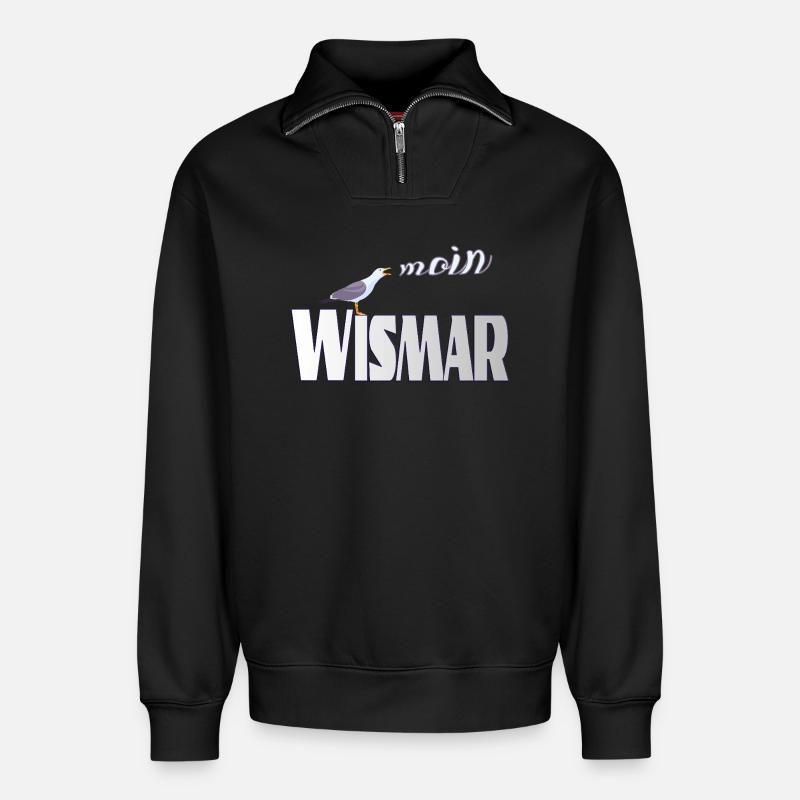 Wismar Möwe & Moin Ostsee - Relaxed Unisex Organic Half Zip Sweatshirt – von SPREAD - Schwarz