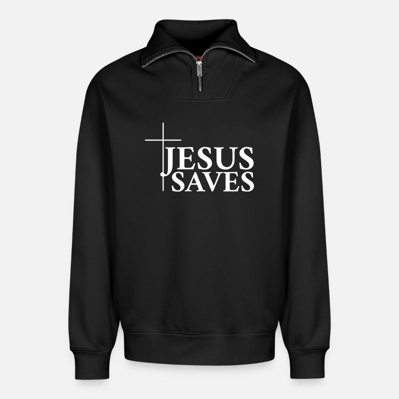 Jesus Rettet - Relaxed Unisex Organic Half Zip Sweatshirt – von SPREAD - Schwarz
