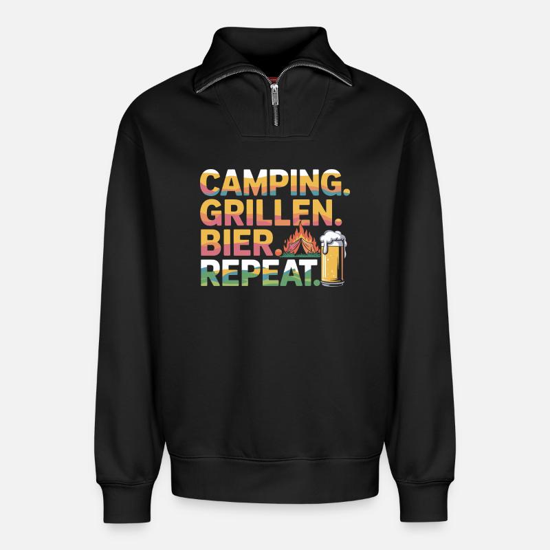 Camping. Grillen. Bier. Repeat. - Relaxed Unisex Organic Half Zip Sweatshirt – von SPREAD - Schwarz