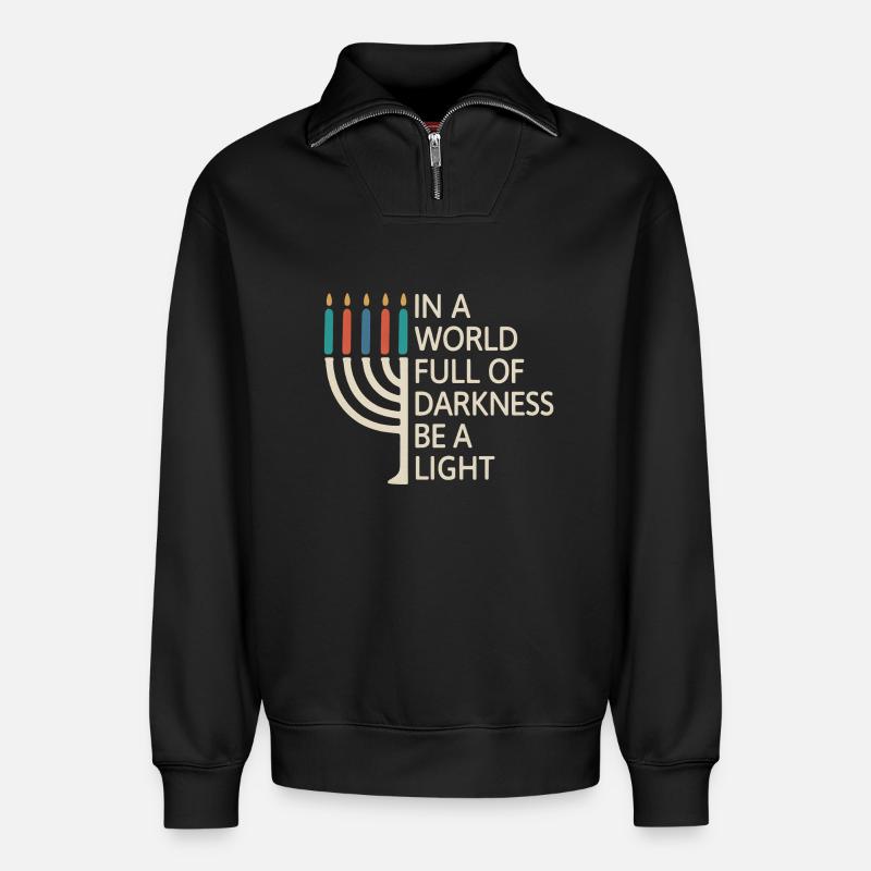 Sei ein Licht, fröhliches Chanukka - Relaxed Unisex Organic Half Zip Sweatshirt – von SPREAD - Schwarz