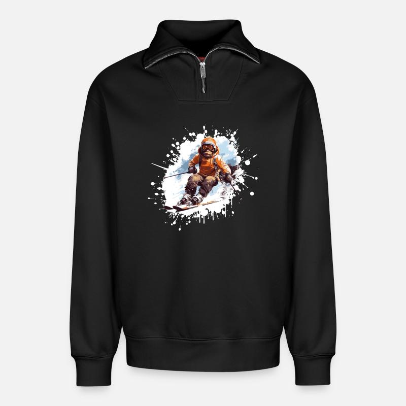 Monkey Ski Skiing - Sweat unisexe décontracté en coton biologique à demi-zip – de SPREAD - noir