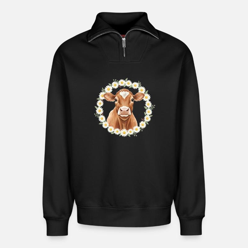 Vache brune - Sweat unisexe décontracté en coton biologique à demi-zip – de SPREAD - noir