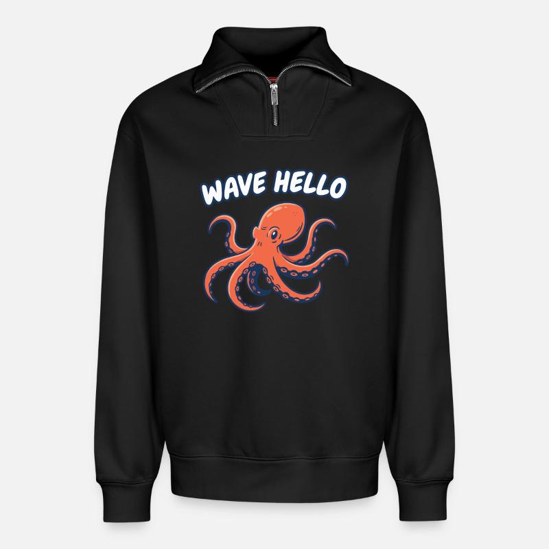 Wave Hello Squid - Relaxed Unisex Organic Half Zip Sweatshirt – by SPREAD - black