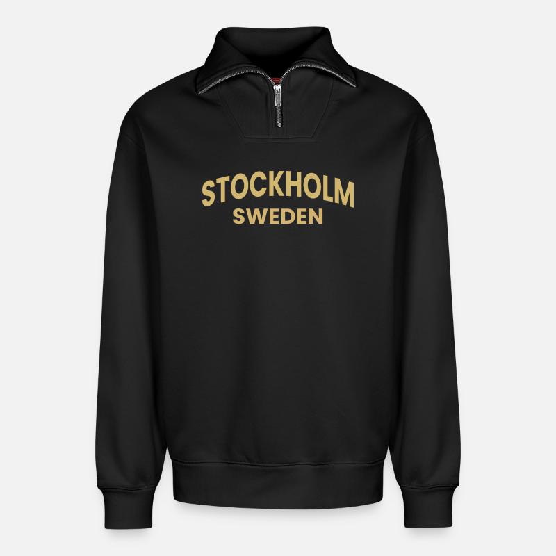 Conception de texte Stockholm – Suède - Sweat unisexe décontracté en coton biologique à demi-zip – de SPREAD - noir