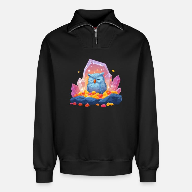 Meditierende Eulen-Kristallhöhle - Relaxed Unisex Organic Half Zip Sweatshirt – von SPREAD - Schwarz