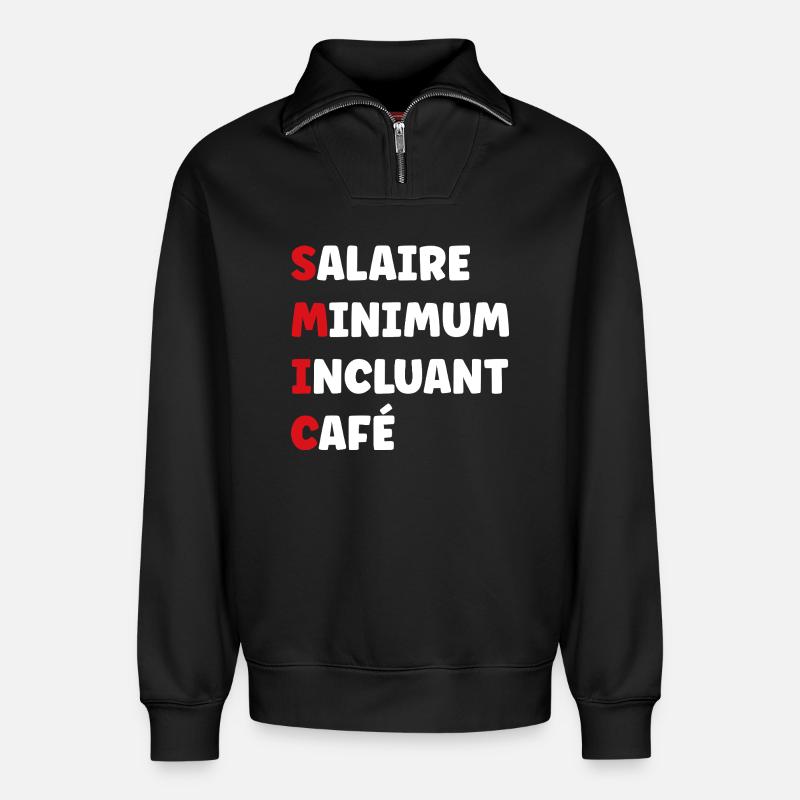 Mindestlohn einschließlich Kaffee SMIC - Relaxed Unisex Organic Half Zip Sweatshirt – von SPREAD - Schwarz
