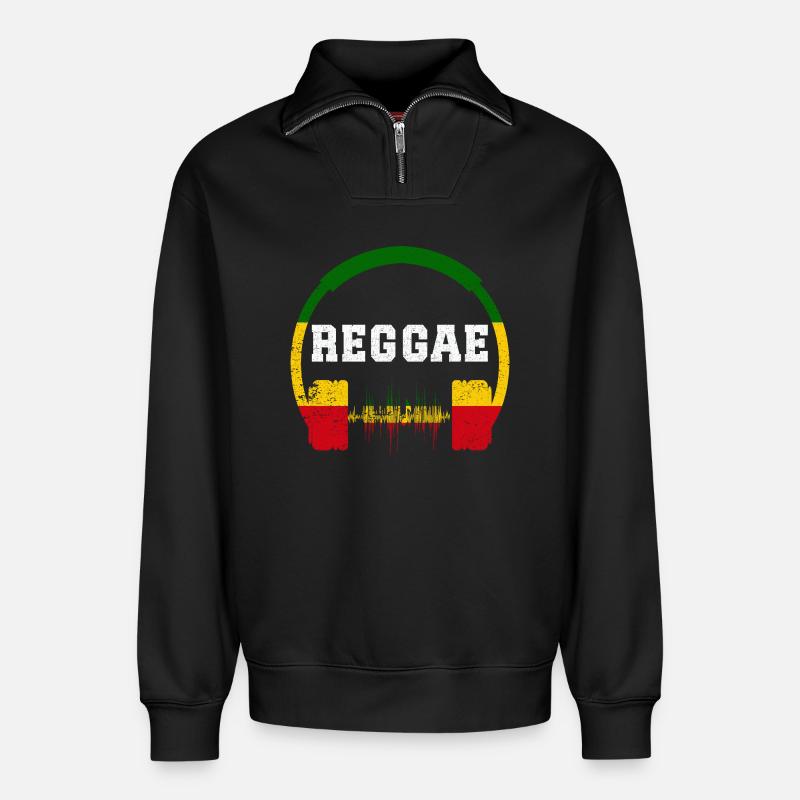 Conception des ondes casques reggae - Sweat unisexe décontracté en coton biologique à demi-zip – de SPREAD - noir