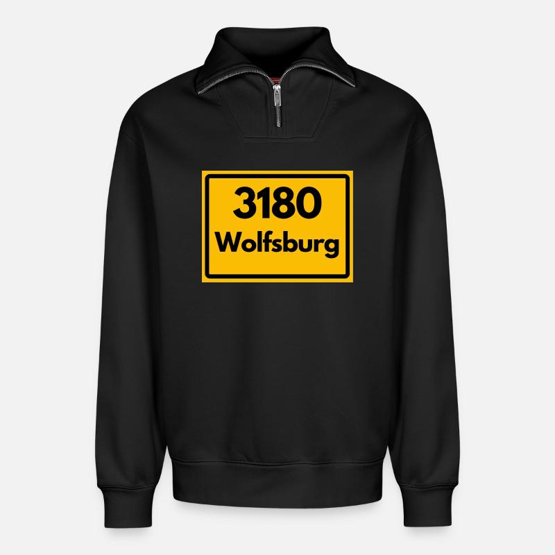 OLD POSTCODE POSTCODE RETRO 3180 WOLFSBURG - Relaxed Unisex Organic Half Zip Sweatshirt – by SPREAD - black