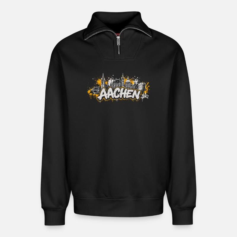Aachen Graffiti Skyline Shirt - Relaxed Unisex Organic Half Zip Sweatshirt – von SPREAD - Schwarz