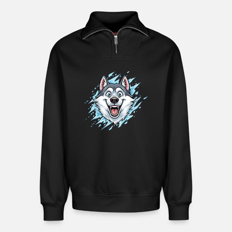 Cheerful Wolf Mascot Watersplash - Relaxed Unisex Organic Half Zip Sweatshirt – by SPREAD - black