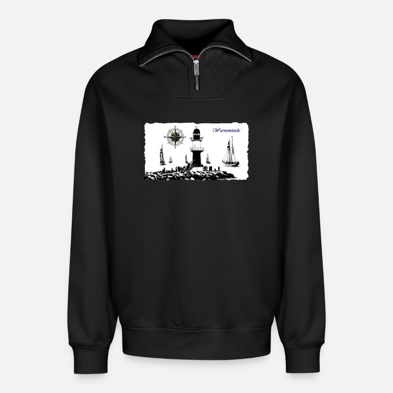 Warnemünde Leuchtturm Kompass Edition - Relaxed Unisex Organic Half Zip Sweatshirt – von SPREAD - Schwarz
