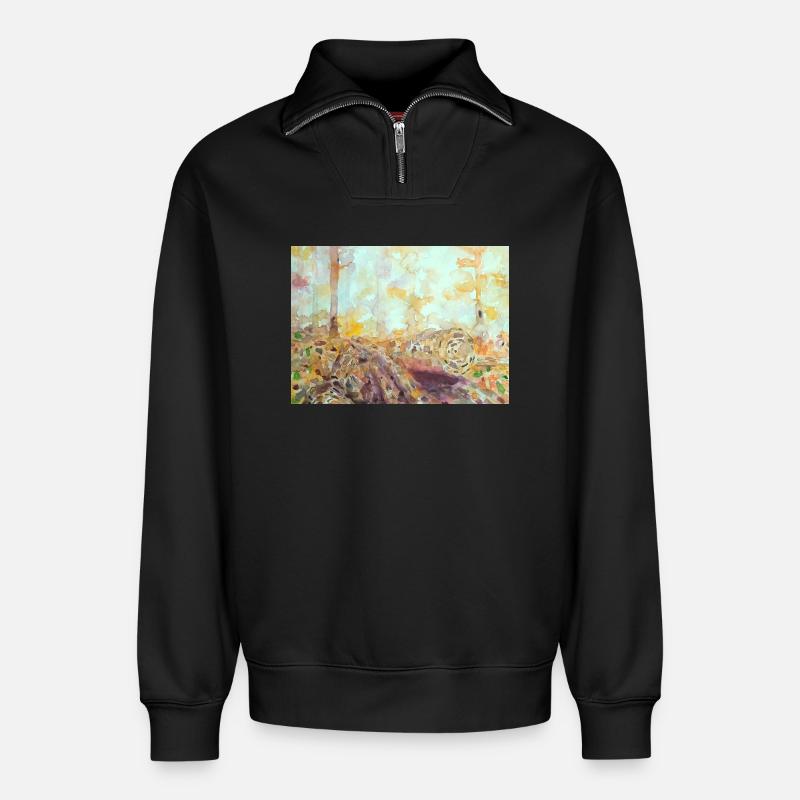 Paysage aquarelle forestier automne - Sweat unisexe décontracté en coton biologique à demi-zip – de SPREAD - noir