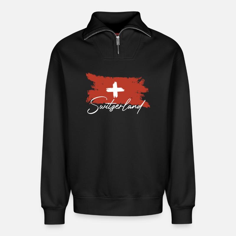 Drapeau suisse - Sweat unisexe décontracté en coton biologique à demi-zip – de SPREAD - noir