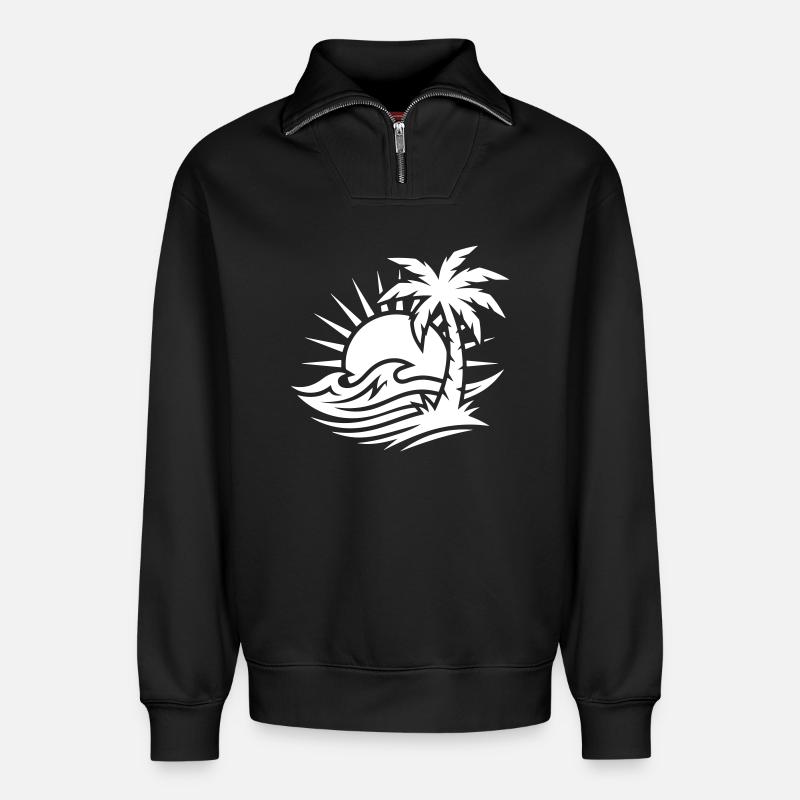 Océan Palm Tree Beach - Sweat unisexe décontracté en coton biologique à demi-zip – de SPREAD - noir