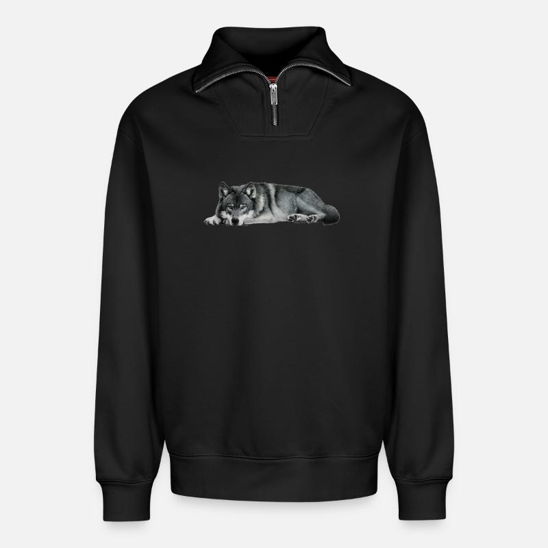loup - Sweat unisexe décontracté en coton biologique à demi-zip – de SPREAD - noir